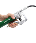 Person holding a Mini Grease Gun Kit with patented grease coupler, 12-inch hose, and in-line hose swivel. Brand name visible on handle.