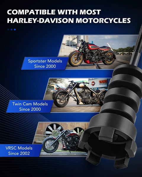 Wheel Bearing Puller Tool Kit Compatible with Harley Davidson Motorcycles, showing compatibility with Sportster, Twin Cam, VRSC models.