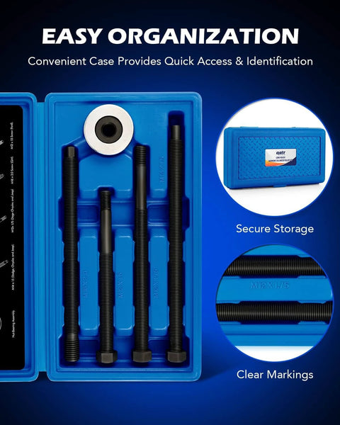 Harmonic Balancer Installer Set, 5pc Long Reach Crank Pulley Underdrive Pulley Damper Installation Tool Kit in blue case