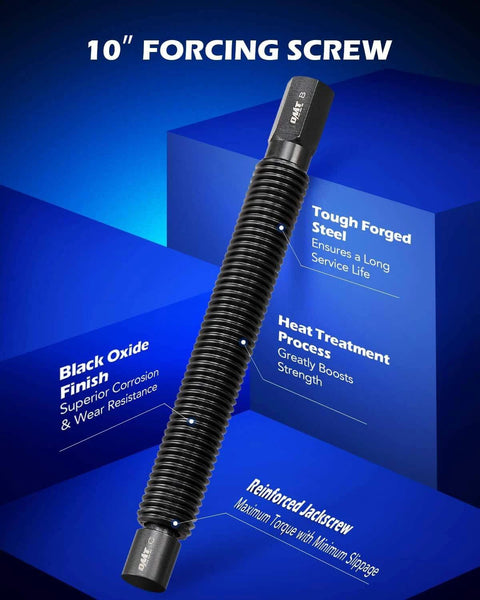 10-inch forcing screw with black oxide finish from Ball Joint Press Kit, Heavy Duty Ball Joint Removal Tool Kit with 4x4 Adapters.