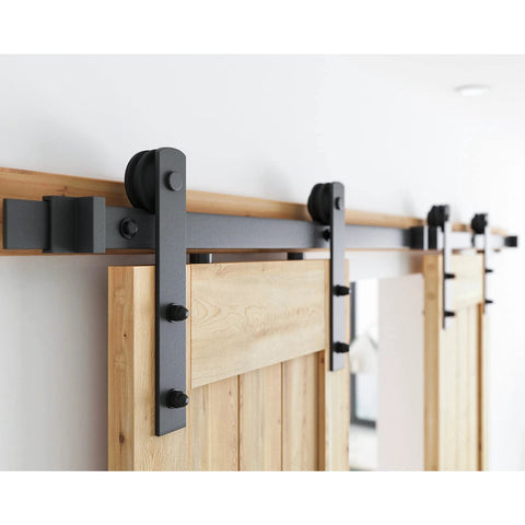 6FT Heavy Duty Double Door Sliding Barn Door Hardware Kit with carbon steel track and nylon rollers installed on door