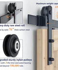 10FT Double Barn Door Hardware Kit with Heavy Duty Sliding Track for Two 30 Inch Door Panels, showing carbon steel rails and nylon rollers