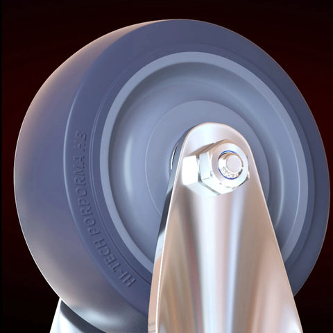 Close-up of Heavy Duty Blue Rubber Caster Wheels Set with Brakes showing swivel caster and silver frame for industrial trolleys.