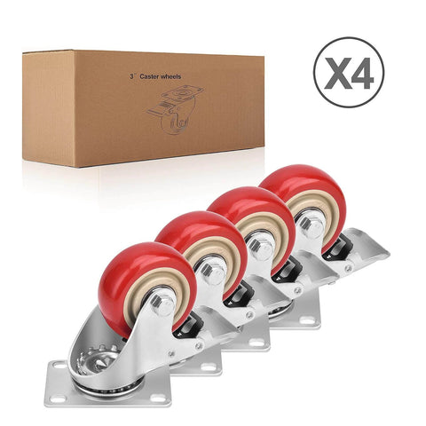 3 Inch Heavy Duty Industrial Swivel Caster Wheels with Brake, Set of 4, Premium Polyurethane, for Tables and Toolboxes