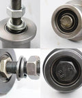 Close-up of steel components from 4 Pcs Heavy Duty I Beam Trolley Rollers with Double Bearing Wheels Adjustable Design for beams.