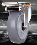 Heavy Duty Blue Rubber Caster Wheels Set with Brakes, shown in close-up industrial swivel plate castor view