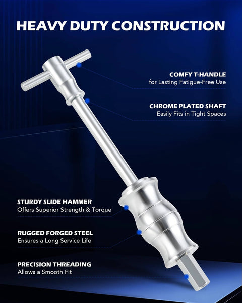 Blind Hole Collet Bearing Race and Seal Puller Extractor Kit with Slide Hammer Pilot, chrome shaft, T-handle, labeled features