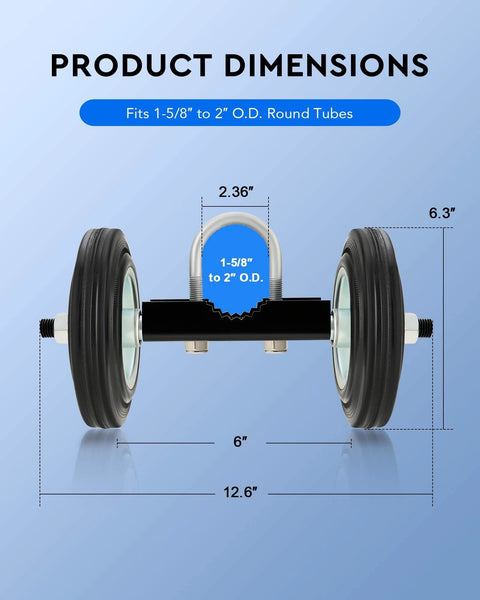 Dimensions of 6" Heavy Duty Sliding Gate Wheel for Metal Tube Gate, chain link fence wheel with dual rubber wheels, and zinc-plated bracket.