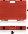 Heavy Duty Half Inch Drive Master Impact Socket Set With Sixty Five Pieces For SAE And Metric Sizes case, orange, dimensions shown