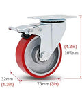 Heavy Duty Swivel Caster Wheels Set of 4 with Brake, 75mm PU Plate Castors, iron core, red polyurethane tire, side view with measurements