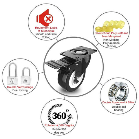 Diagram of 2 Inch Heavy Duty Swivel Caster Wheels Set of 4 with safety dual locking, polyurethane foam wheels, and 360-degree rotation features