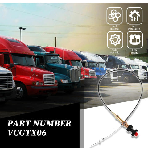 6 Ft Vernier Adjustable Locking Throttle Cable For PTO And Dump Applications With Stainless Core shown next to semi-trucks