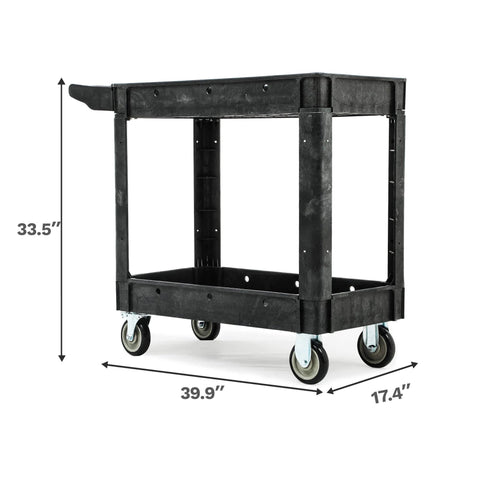 Heavy Duty Plastic Utility Cart On Wheels With 1000 Lb Capacity And 2 Shelves DWVO Rolling Service Cart, side view