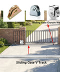 Heavy Duty Extra Wide 3.5 Inch V Track For Sliding Gates With Universal Fit For 4 Inch And 6 Inch V Groove Wheels Galvanized Steel Ground Track Kit Modular Design For Driveway Warehouse And Industrial Gates installed in driveway with sliding gate and groove wheels