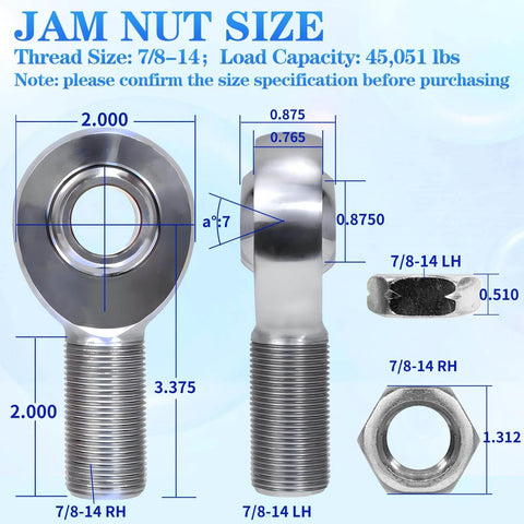 Dimensions of 7/8-14 Heim joint rod end kit economy with jam nuts, heat treated C1045 steel, left and right hand thread.