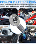 7/8-14 Heim joint rod end kit shown in versatile applications like trucks and 4x4s with left and right thread, jam nuts, zinc finish, C1045 steel