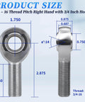 Front and side view of 3/4 inch Heim joint rod end bearing kit with jam nuts, right hand 3/4-16 thread dimensions visible.