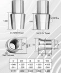 Tube adapters for 3/4 Heim Joint Rod End Kit with Left and Right Hand Threads, detailed dimensions and specifications shown.
