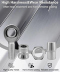Components of 7/8 x 7/8-14 Heim Joint Rod End Kit with RH & LH Threads, Chromoly parts, HMS spacers, exhibited on metal background