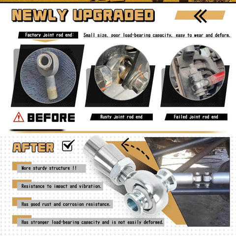 Comparison showing before and after of 3/4 Heim Joints Rod End Kit with Right & Left Hand Threads, chromoly panhard setup with tube adapters.