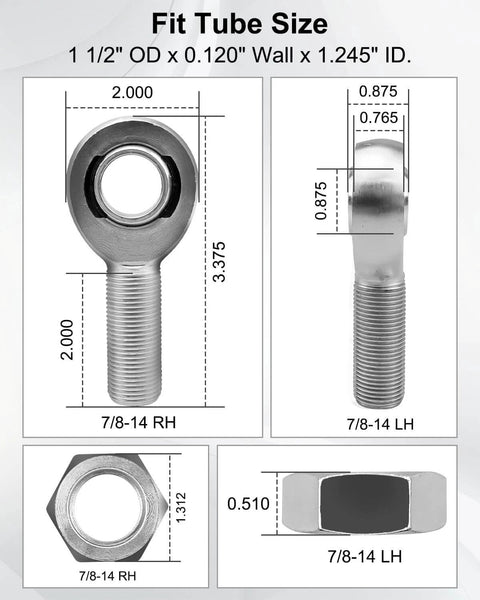 Dimension details of 7/8 x 7/8-14 Heim Joint Rod End Kit with RH & LH Threads, Chromoly Steering and Suspension Bar