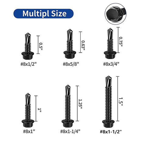 Assorted sizes of hex washer head self drilling screws with measurements, including focus on 100pcs 410 Stainless Steel #8x1-1/4 Hex Washer Head Self Drilling Screws