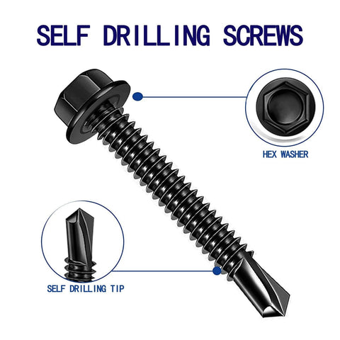100pcs 410 Stainless Steel #8x3/4 Hex Washer Head Self Drilling Screws, Black Oxide Tek Screws, detailed view with hex washer and tip