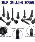 100pcs #10 x 3/4 Inch Hex Washer Head Self Drilling Screws Made from 410 Stainless Steel with Black Oxide Finish displayed