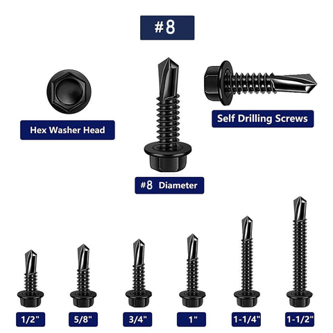100pcs 410 Stainless Steel #8x5/8 Hex Washer Head Self Drilling Screws, Black Oxide Tek Screws for Metal Plates