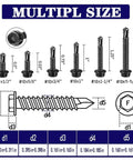 Diagram and size chart of 100pcs 410 Stainless Steel #10x1/2 Hex Washer Head Self Drilling Screws, Black Oxide Coated Self Tapping Tek Screws
