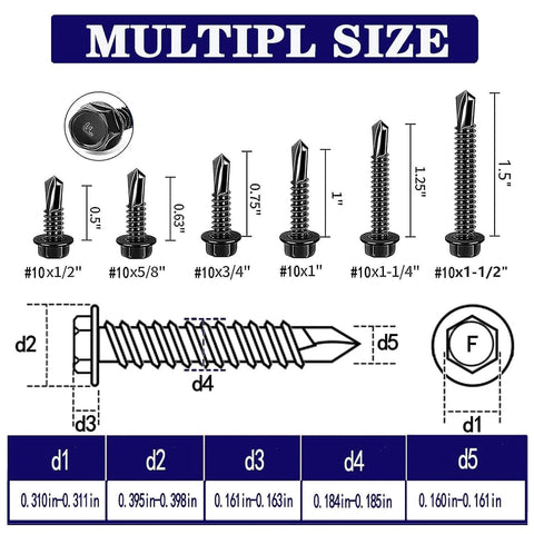 Diagram and size chart of 100pcs 410 Stainless Steel #10x1/2 Hex Washer Head Self Drilling Screws, Black Oxide Coated Self Tapping Tek Screws