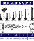 Diagram showing multiple sizes of 100pcs 410 Stainless Steel #10x1-1/4 Hex Washer Head Self Drilling Screws, Black Oxide Tek Screws for metal.