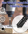 #14 x 1 Inch Hex Washer Head Self Tapping Screws Made from 410 Stainless Steel with Black Finish being drilled into wood