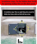 Installation steps for industrial grade concealed pivot hinge kit on bathroom access door with fixing slots and screws visible.