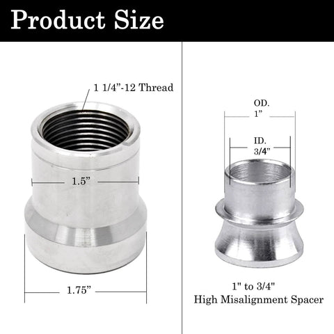 Size dimensions of adapters and high misalignment spacers from 2 pair 1.25 inch Heim Joint Rod End Kit