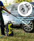 Person using high pressure washer with focus on 6 Pack 7/16-20 UNF Inner Hex Head Pipe Plug, Carbon Steel Socket Fitting with O Ring Seal