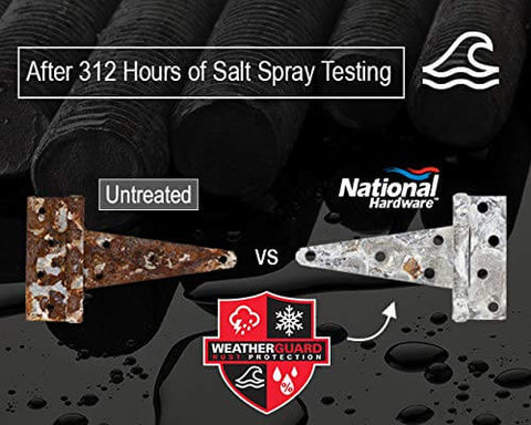 Comparison of untreated vs treated hinge after 312 hours of salt spray testing with National Hardware branding and Weather Guard protection logo.