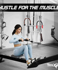 Woman using rowing machine in gym with Combo Cable Attachment Set For Home Gym Includes Tricep Rope 27 Inch Double D Handle and V Bar.
