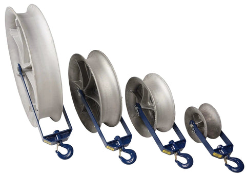 Multiple sizes of hook type sheaves - heavy duty cable guide with 18' diameter & 8,000 LB capacity - 818 shown in a lineup