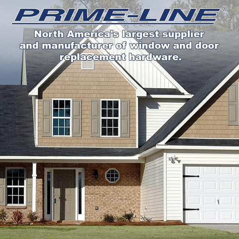 Front view of a house showcasing Prime-Line window and door replacement hardware supplier sign.