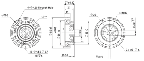 HS-25 Strain Wave Gear Reducer, 110mm Harmonic Drive Gear Ratio 30:1 technical drawing with dimensions.