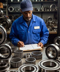 Worker inspecting forklift mast bearing roller GU14K2010 heavy duty replacement in workshop with various bearing parts.