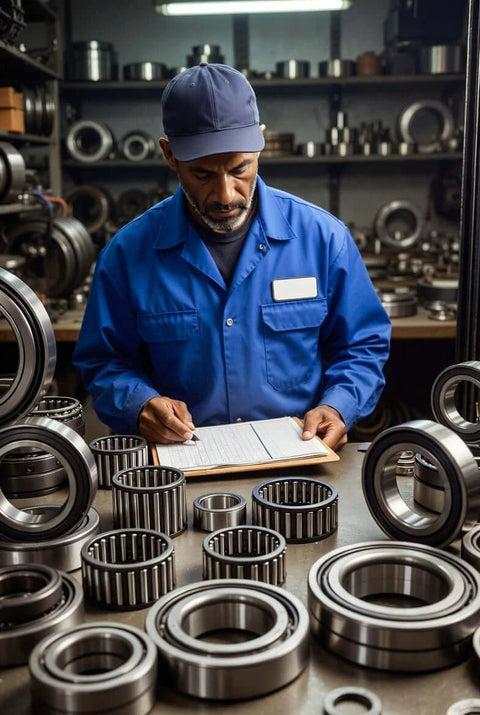 Technician inspecting forklift mast bearing rollers in an industrial setting, supporting smooth mast travel and dependable forklift lifting performance.