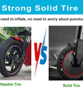 Comparison of inflatable tire versus solid tire for electric scooters, showcasing puncture resistance and maintenance-free benefits.
