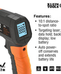 Infrared Thermometer and GFCI Receptacle Tester Kit with digital display and features like data hold, backlit display, low battery indicator.