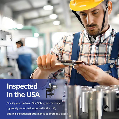 Technician in hard hat inspecting precision machined parts with calipers, text overlay 'Inspected in the USA' promoting quality assurance.