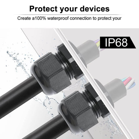12 Pack Half Inch NPT Cable Glands Nylon PA66 IP68 Waterproof Adjustable Strain Relief Cord Grips installed in panel