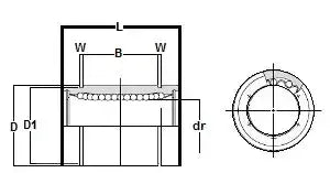 Technical diagram of ✝️ KBS8GUU NB Bearing 8mm Ball Bushings Linear Motion Bearing showing dimensions and internal structure.