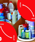 Before and after cabinet organization with 12 Inch Non Skid Pantry Lazy Susan Turntable, White and Gray Rotating Organizer with Rimmed Edge