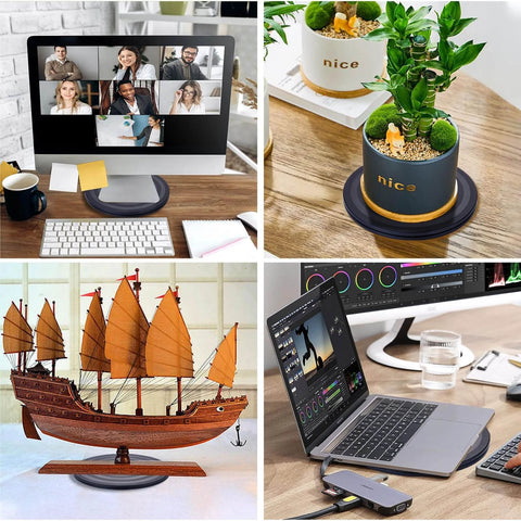8 Inch Lazy Susan Turntable Organizer holding plant, monitor, ship model, and laptop, displaying 360 degree rotation and non-slip pads